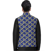 Blue jacquard printed full sleeve waistcoat with mandarin neck, button closure on a mannequin